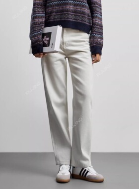 AZ.Jennie高腰直筒显瘦高阔腿高质感混纺棉摩登浅灰白牛仔裤2308