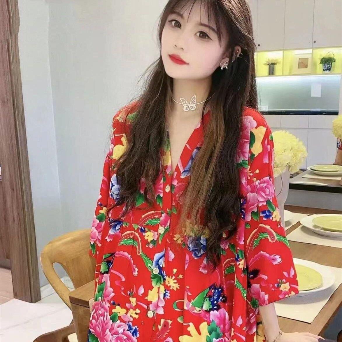 东北大花布衣服睡衣套装女夏棉绸家居大码春秋长裤七分袖两件套冬