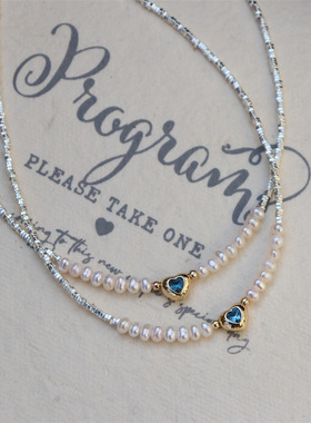 原创设计法式chic气质蓝色锆石爱心碎银子珍珠项链艺术感锁骨链女