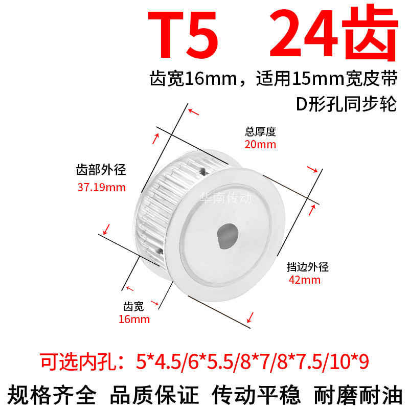 。同步轮T524齿频宽15扁孔5*4.5 6*5.5 8*7.5同步带轮D轴传动