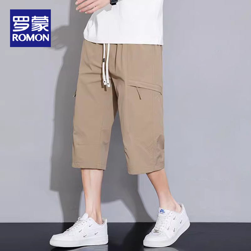 罗蒙冰丝七分工装裤子男夏季日系短裤男青少年宽松直筒休闲运动裤