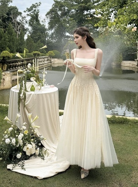 越南小众品牌SoVintage网纱蕾丝拼接吊带长款连衣裙优雅名媛礼服