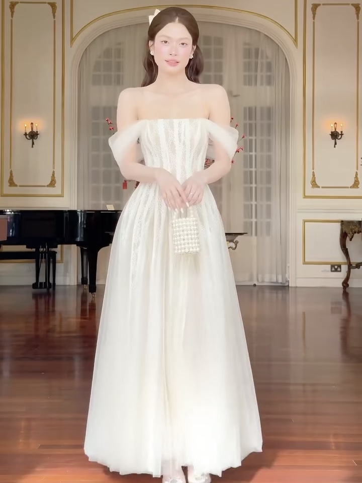 越南正品代购SoVintage法式一字肩长款连衣裙订婚宴会优雅礼服
