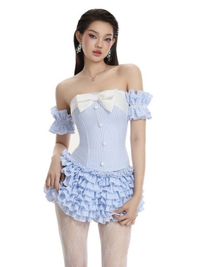 越南小众品牌LANECI抹胸鱼骨蝴蝶结上衣+木耳蛋糕裙套装甜辣风