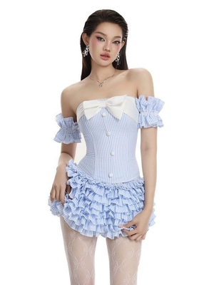 越南正品代购LANECI抹胸鱼骨蝴蝶结上衣+木耳蛋糕裙套装甜辣风