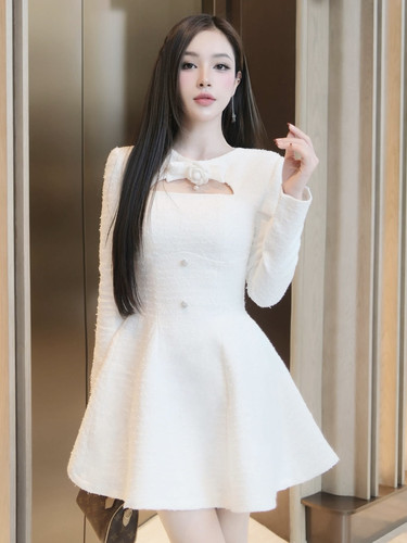 越南正品代购FLANE长袖花朵花呢连衣裙优雅小香风春秋款气质名媛