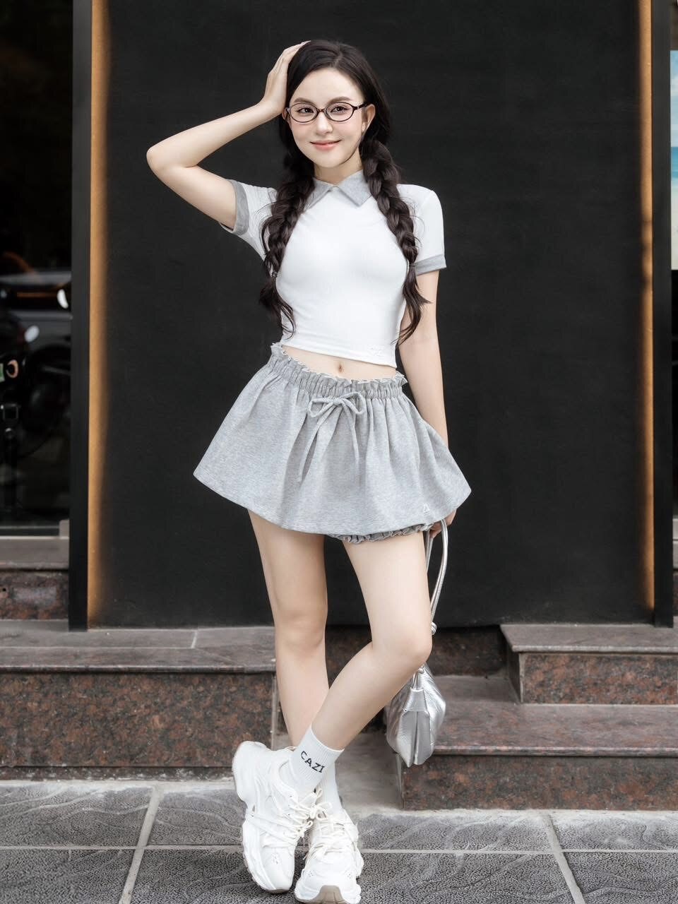 越南正品代购CAZI短款拼接T恤+半身裙套装减龄学院风休闲少女