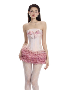 越南小众品牌LANECI抹胸鱼骨绑带小蝴蝶结上衣+木耳蓬蓬裙两件套