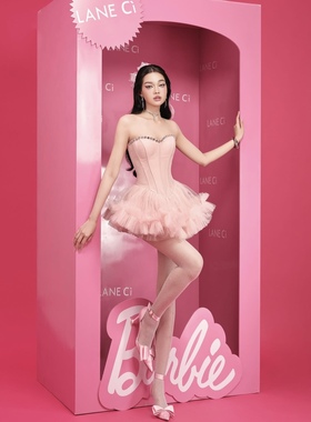 越南小众品牌LANECI抹胸鱼骨钉钻网纱拼接蓬蓬裙甜美辣妹