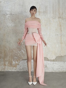 越南正品代购Moulinrose长袖一字肩上衣+飘带蝴蝶结半裙礼服套装