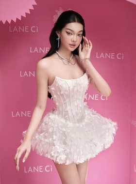 越南小众品牌LANECI抹胸鱼骨蝴蝶蓬蓬裙甜辣风性感气质连衣裙