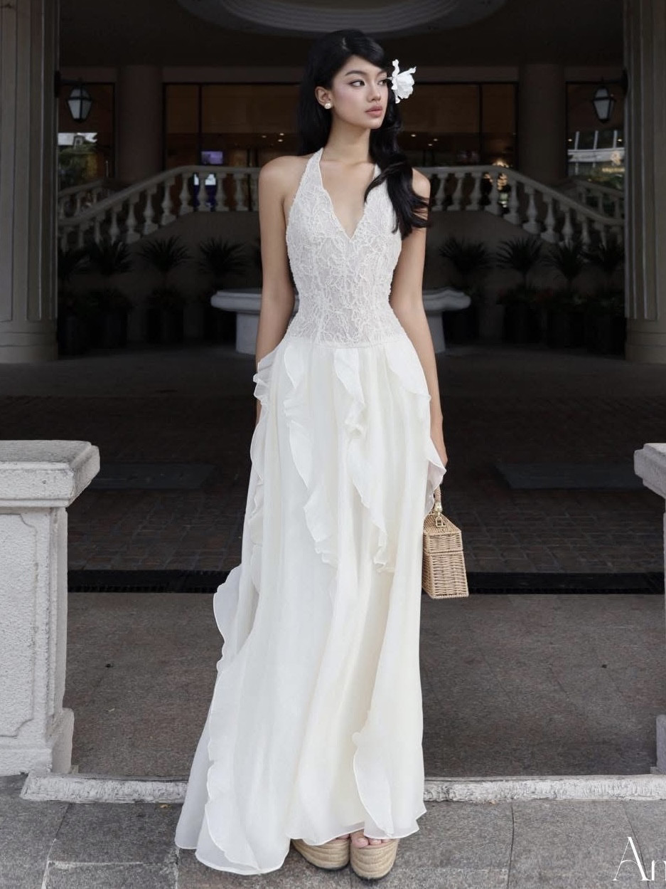 越南正品代购AMELIE蕾丝拼接荷叶边挂脖长款礼服海边度假连衣裙