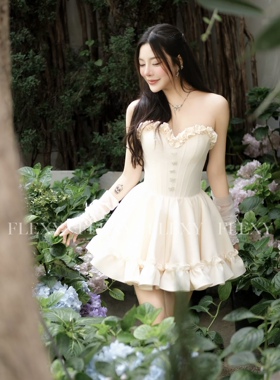 越南正品代购FLEXY抹胸鱼骨木耳边连衣裙甜美性感