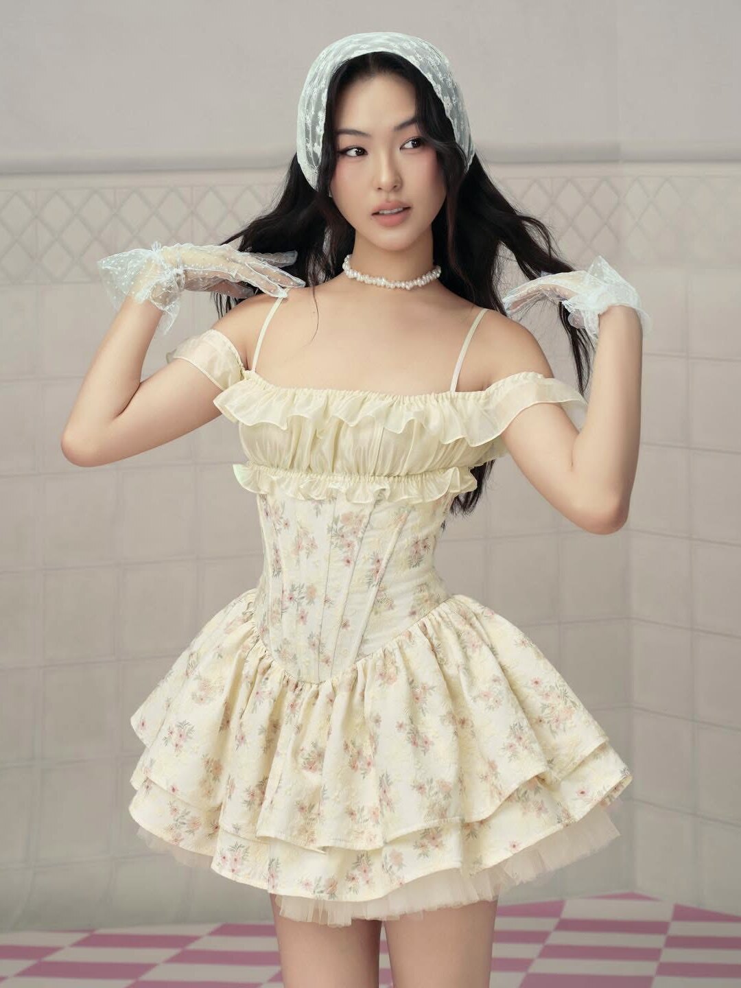 越南正品代购LaneCi碎花吊带荷叶边一字裙蛋糕蓬蓬裙甜美辣妹性感
