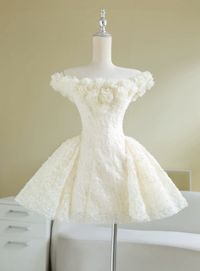 越南小众品牌SoVintage提花刺绣花朵一字肩连衣裙法式公主风礼服