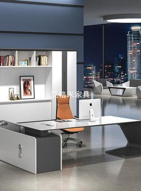 简约时老板桌尚白色老公板 管经理桌总主裁桌创意大班台桌 烤桌漆