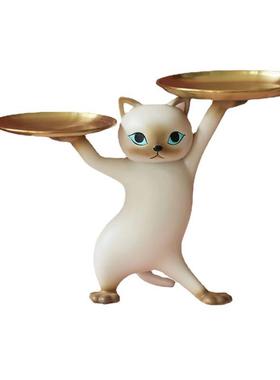 现货动物摆件妖娆猫托盘收纳客厅玄关桌面家居装饰摆件树脂工艺品