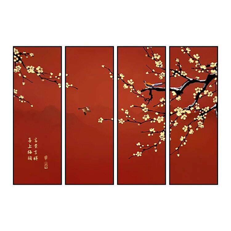客厅书房中国红装饰画茶室花鸟图壁画新中式酒店餐厅喜上眉梢挂画