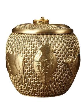 纯黄铜五牛茶叶罐铜本色铜器商务礼品茶道摆件工艺品中式摆件