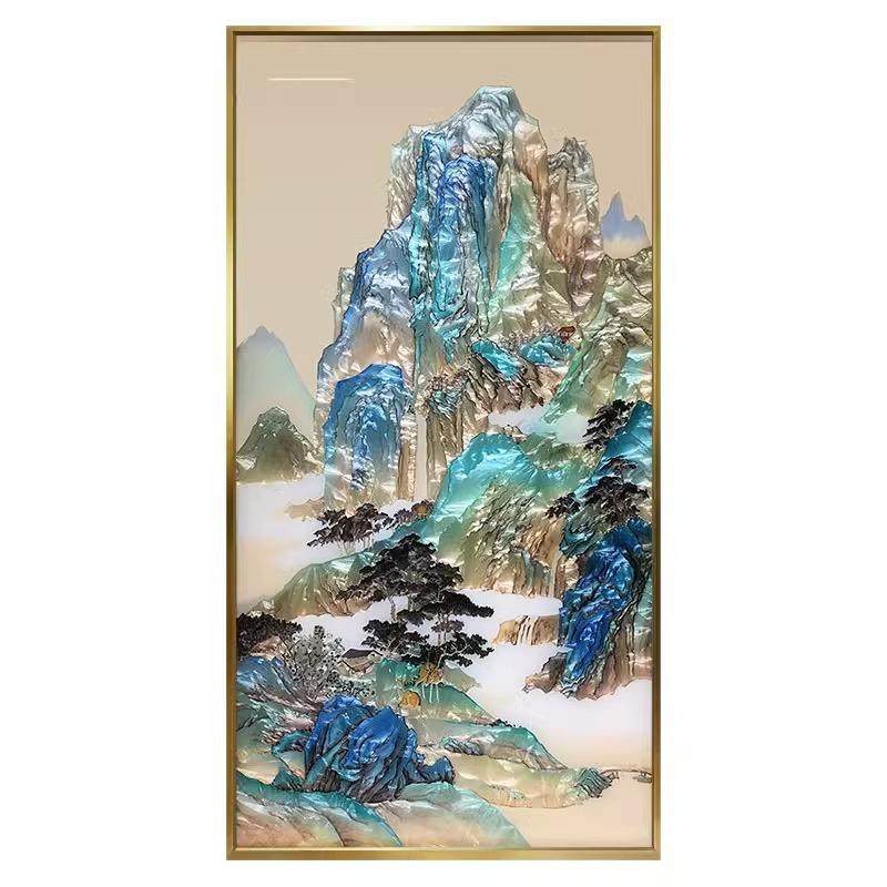 手绘新中式珐琅彩装饰画入户玄关走廊挂画屏风隔断办公室山水壁画