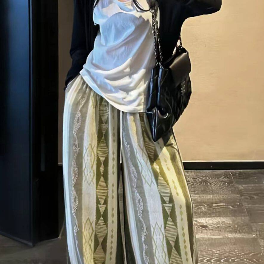 夏季绵绸裤子女宽松休闲复古印花长裤居家睡裤慵懒风遛弯阔腿裤