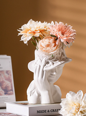 2025欧风创意陶瓷人像水培花瓶Temu艺术装饰颗粒质感摆件