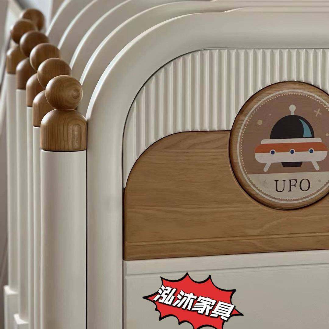奶油风儿童床环保水性漆童JQL1.男孩女孩全实木米床白蜡5木储物床