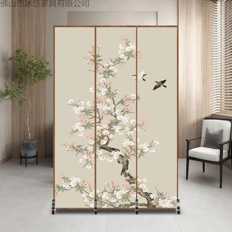 新中式简约现代隔断入户布艺遮挡客厅木质屏风玄关装饰移动座屏