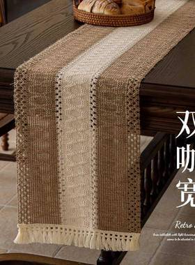 高端美简拉德风现代约编织棉NWH麻桌旗长盖方装形轻奢巾茶几饰餐
