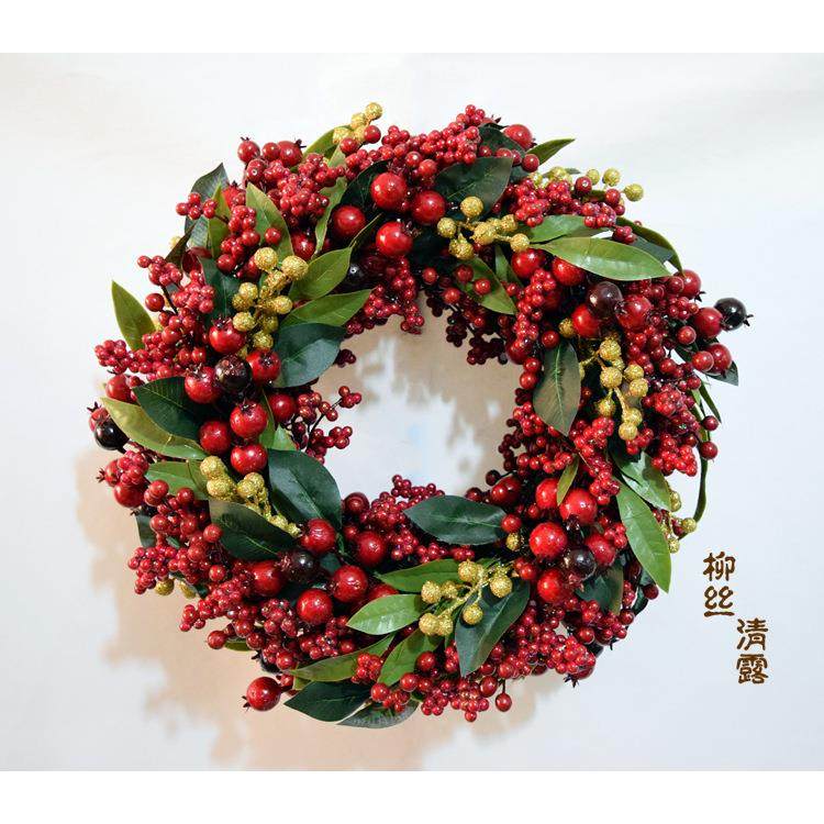 果圣诞无品牌/花环红门果饰挂件仿饰真植物叶子浆藤圈挂橱窗道具