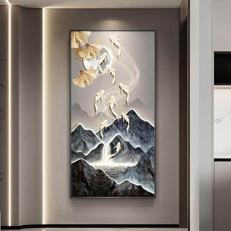 现代入竖户玄关装饰九NIS灯鱼图山水画LED壁画迎客松走廊过道挂画
