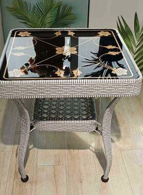 简约阳台茶BQF几户钢玻璃圆形桌化子床头储物桌藤编家外用客厅小