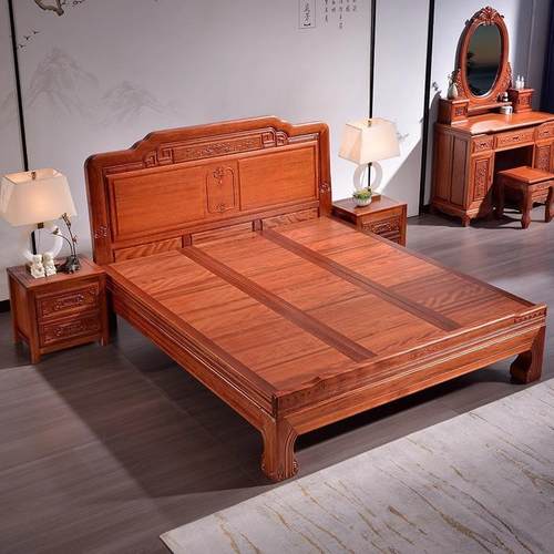 全萝实大木榫卯结构花梨木38568床菠格木1.8米双人床雕花1.米双5