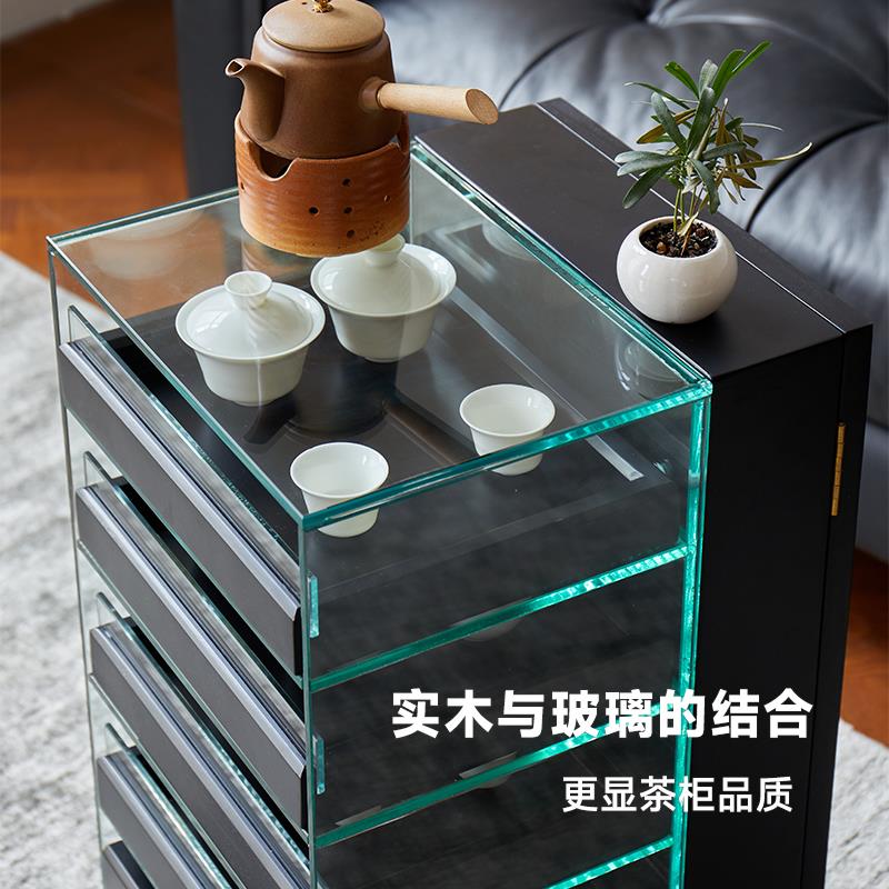 #白蜡木黑色茶具收纳玻璃展示柜实木茶水柜移动茶桌边柜茶台置物