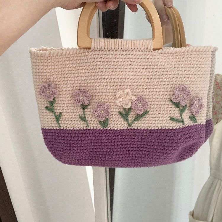 毛线diy材料包香芋紫手提包钩针编织手工自制毛线钩针礼物包闺