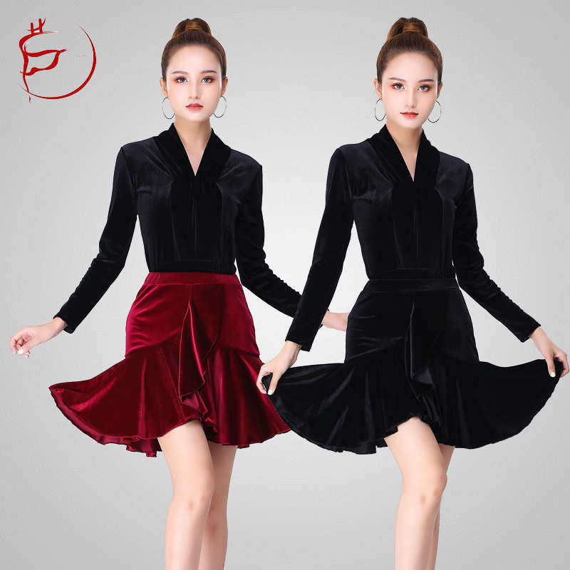 拉丁舞练功服女成年下装半身裙丝绒连体上衣舞蹈演出服装秋冬新款