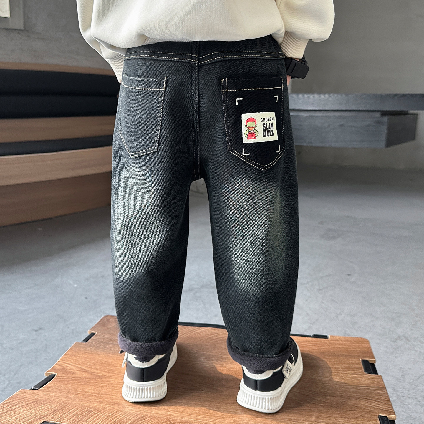 男童加绒保暖一体绒牛仔长裤新款