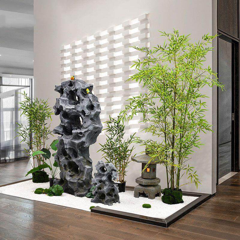 仿真太湖石摆件落地新中式软装室内景观造景假山竹子仿真绿植装饰