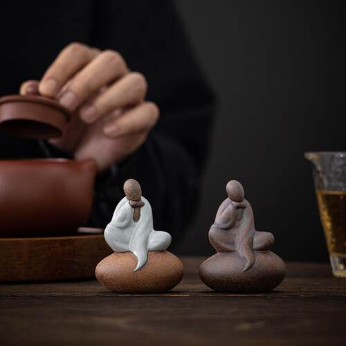 老岩泥汝窑坐岩悟道茶宠摆件茶桌装饰复古小摆件陶瓷茶道盖置和尚