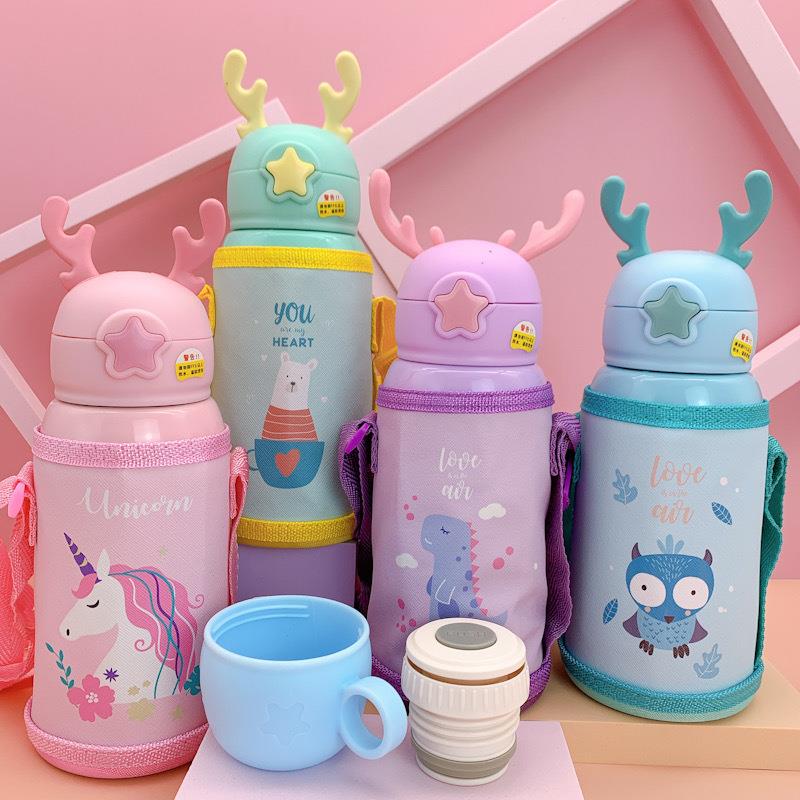 儿童吸管保温杯不锈钢鹿角杯学生幼儿园宝宝水壶保温杯吸管杯