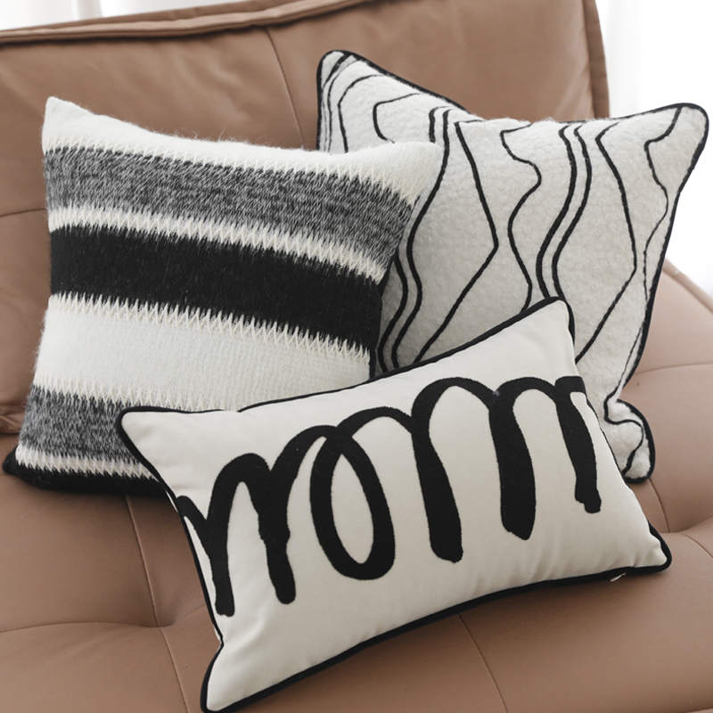 现代简约抽象黑白抱枕客厅沙发靠枕毛巾绣波点靠垫样板房腰枕