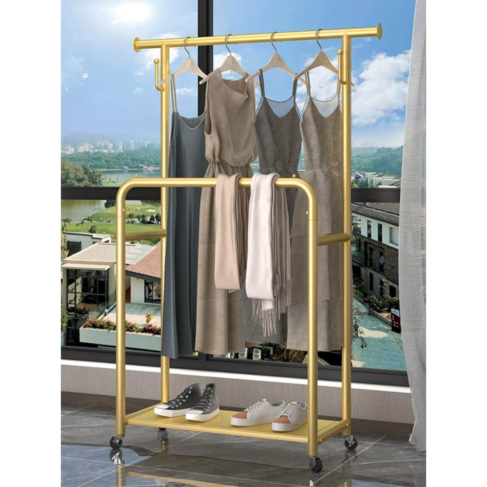 双排衣架儿童的地板站立式家庭阳台鞋架衣服挂杆衣服烘干器物储存