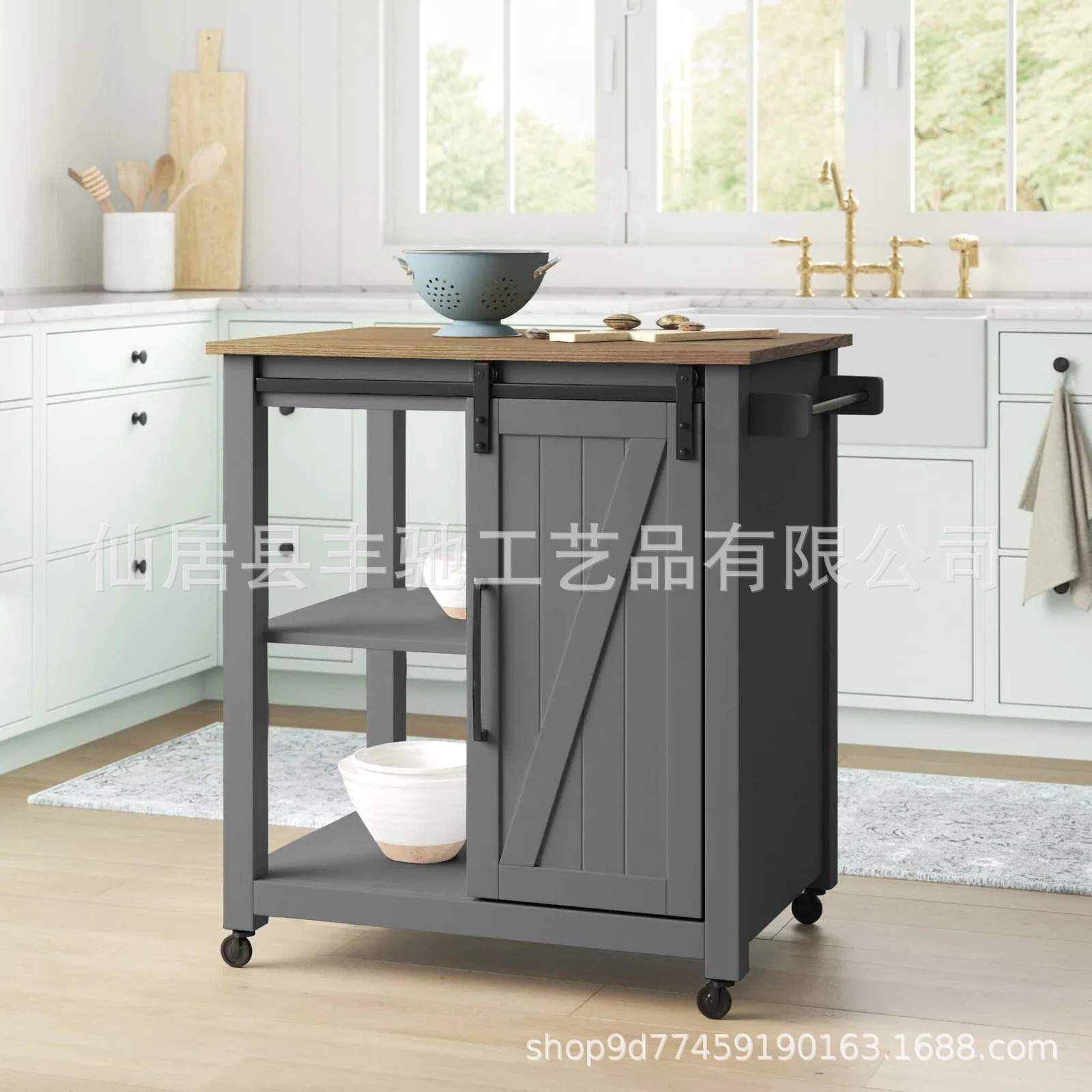 厨房可移动三层餐车家用厨房收纳置物架复古灰餐厅手推车