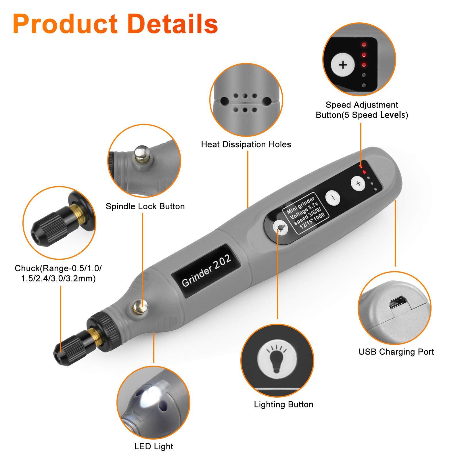迷你电磨USB充电电钻 实用工具套件多功能磨具 5档带灯抛