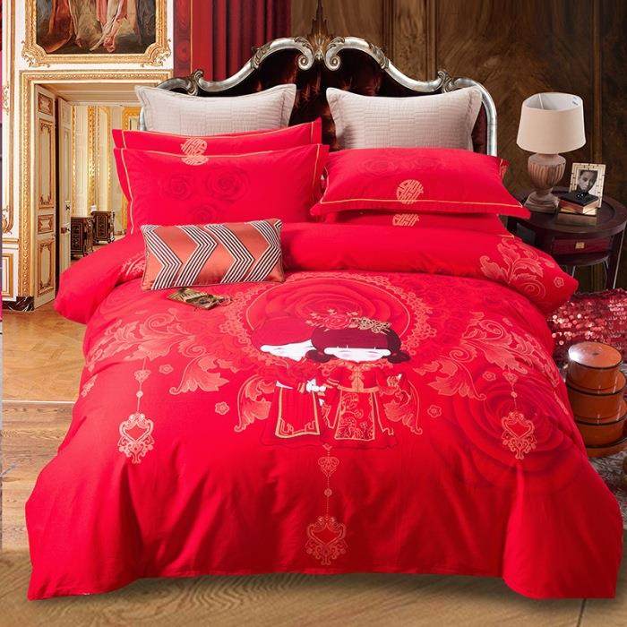 中式纯棉婚庆四件套大红磨毛婚礼床品全棉龙凤结婚床上用品4件套