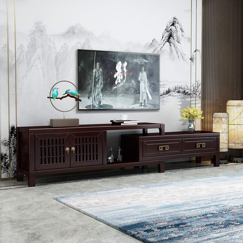 新中式实木电视柜茶几组合现代简约禅意轻奢复古客厅伸缩影视柜子