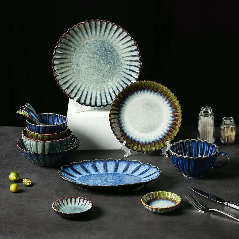日式复古简约窑变陶瓷饭碗面碗轻奢家用碗盘碟餐具套装牛排西餐盘
