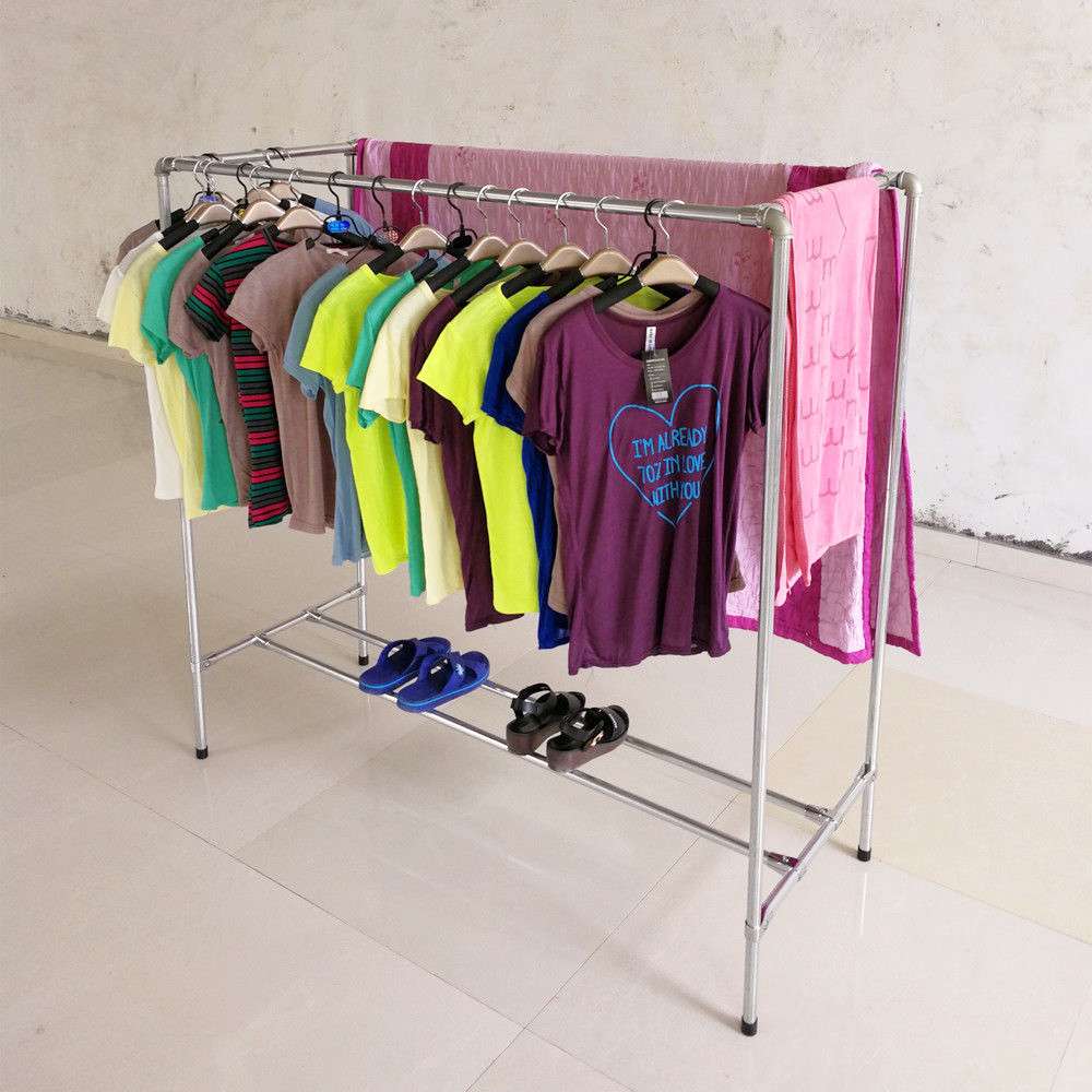双排服装架展示架地摊落地阳台晒被家用挂衣服架子镀锌水管晾衣架