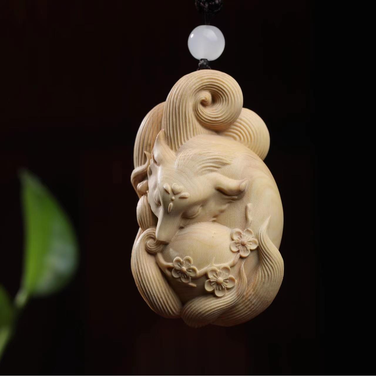 九尾狐狐狸雕刻工艺品小叶黄杨木雕根雕手把件文玩挂件