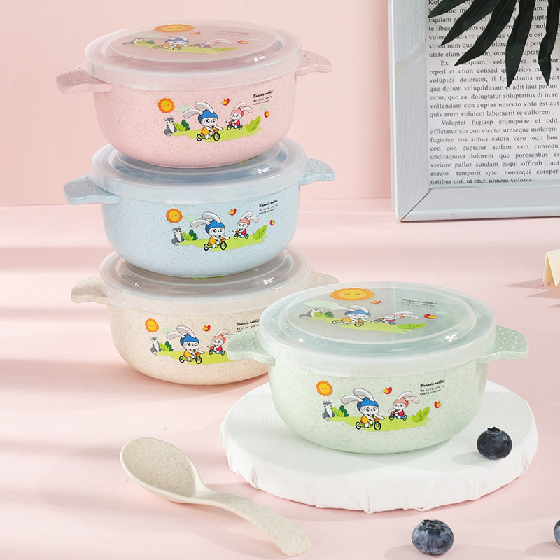 可微波炉加热儿童碗防尘碗食品级婴儿辅食碗卡通小麦秸秆儿童汤碗